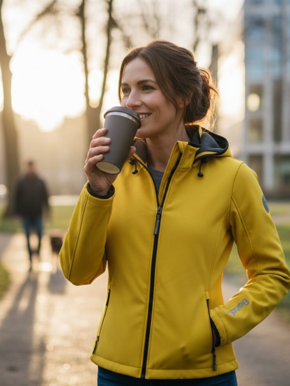 Bench zip-up softshell windbreaker with a cozy grey fleece lining.
